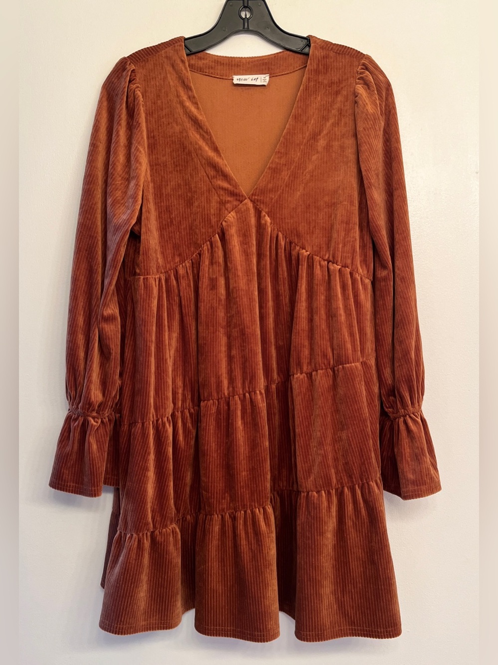 New In babydoll ribbed velvet mini dress with long lantern sleeves in brown M